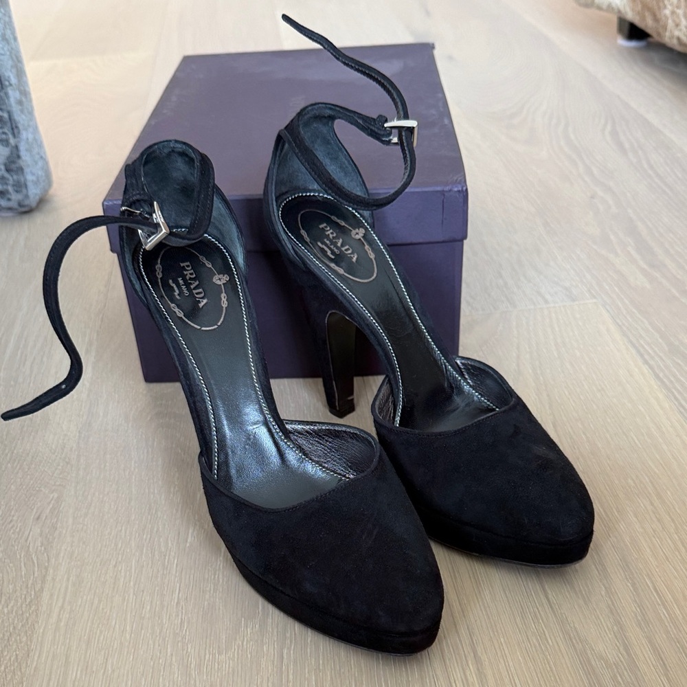 Prada Black Suede Ankle-Strap Heels